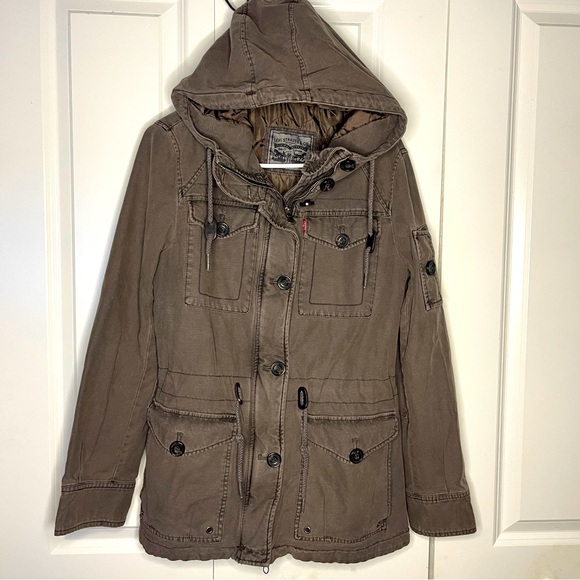Levi’s Military Field Jacked Size Medium Grey Brown 5 Pocket Women’s Hooded - Picture 1 of 11